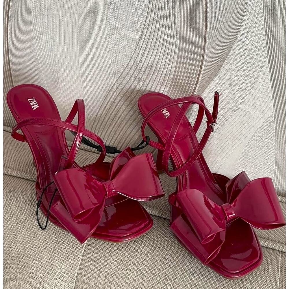 Zara NWT Red Patent Bow Strappy High Heel Sandals Size 8 - Picture 9 of 16